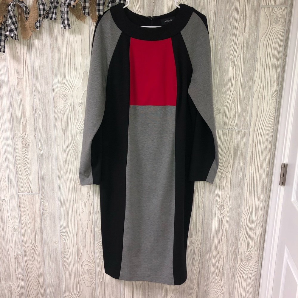 Ashro red black gray color block long sleeve dress